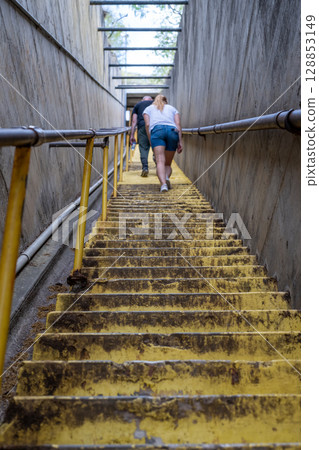Stairs up to the top of the concrete Fire Control Station Battery 407 bunker at Diamond Head State Monument in Oahu, Hawaii Stairs up to the top of the concrete Fire Control Station Battery 407 bunker at Diamond Head State Monument in Oahu, Hawaii 128853149