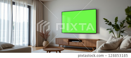 Modern living room with green screen TV, wooden furniture, and cozy cushions creating calm and inviting atmosphere Modern living room with green screen TV, wooden furniture, and cozy cushions creating calm and inviting atmosphere 128853185