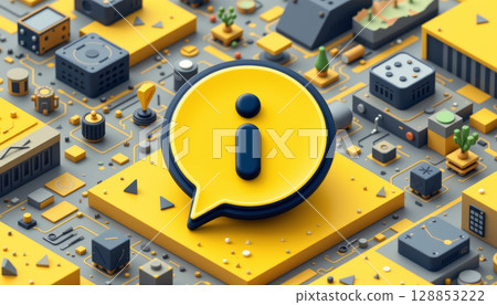 Information icon yellow speech bubble abstract technology background with small geometric shapes and circuit board style design 128853222
