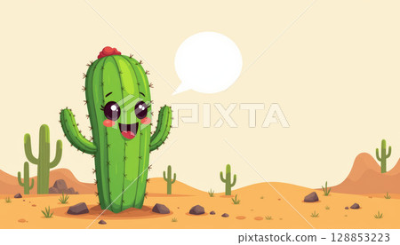 Happy cartoon cactus with speech bubble in desert landscape with rocks and other cacti under clear sky Happy cartoon cactus with speech bubble in desert landscape with rocks and other cacti under clear sky 128853223