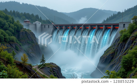 Hydro dam with flowing water surrounded by mist and forested mountains creating serene natural scene 128853229
