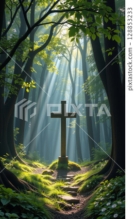 Lonely cross deep in enchanted forest with sun rays shining through tall trees creating peaceful and spiritual atmosphere 128853233