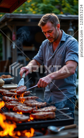 Man flipping meat on grill with flames outdoors in backyard, focused on cooking delicious barbecue in casual shirt 128853234