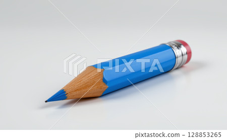 Short blue pencil with eraser on white background, simple and clean design for writing or drawing tools Short blue pencil with eraser on white background, simple and clean design for writing or drawing tools 128853265