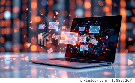 Digital email communication concept with glowing envelope icons flying from laptop screen in futuristic environment Digital email communication concept with glowing envelope icons flying from laptop screen in futuristic environment 128853267