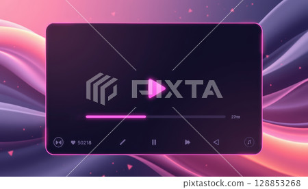 Neon glowing media player interface with play button and progress bar on abstract colorful background 128853268