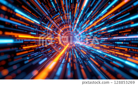 Abstract perspective of binary data with glowing blue and orange lines converging into tunnel, creating dynamic digital effect 128853269