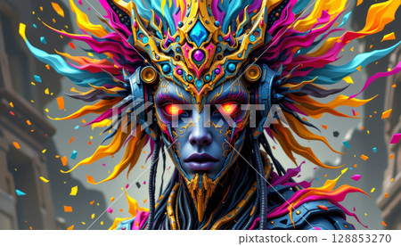 Ancienttech hybrid deity with glowing eyes and vibrant colorful flames in futuristic fantasy setting 128853270