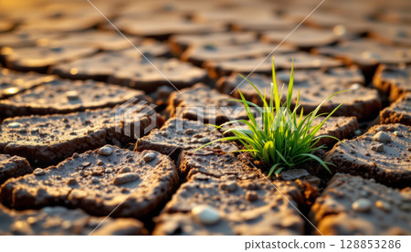 Green grass growing on cracked dry soil in warm sunlight, symbolizing resilience and hope in harsh conditions 128853286