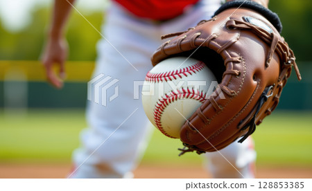 Closeup of baseball glove holding baseball, showcasing details of leather and stitching, evokes excitement 128853385
