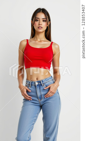 Stylish woman poses confidently in red crop top and light blue jeans, showcasing modern and trendy look 128853407