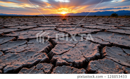 Cracked dry soil landscape at sunset with dramatic sky and distant mountains creating warm, expansive natural scene Cracked dry soil landscape at sunset with dramatic sky and distant mountains creating warm, expansive natural scene 128853433