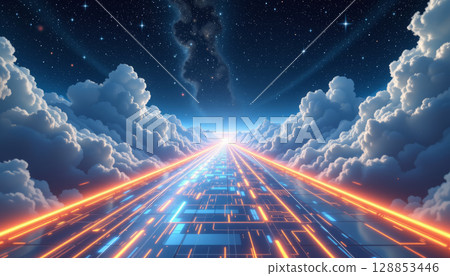 Infinite sky bridge glowing with neon lights under starry night and clouds, creating futuristic and inspiring atmosphere 128853446