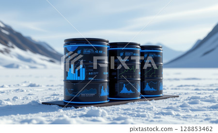 Smart fuel barrels with realtime data display standing on snowy ground in cold mountainous environment 128853462