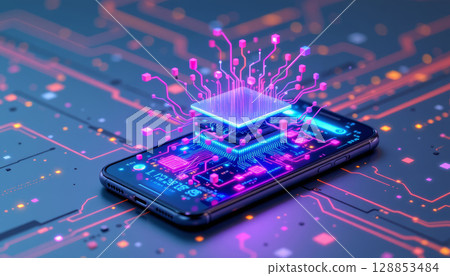 Smartphone with AI processor emerging from it, showcasing vibrant circuits and digital elements, symbolizes technological 128853484