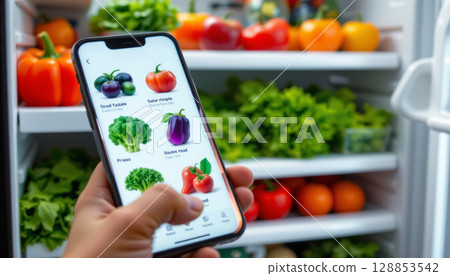 Person using smartphone to select vegetables from refrigerator filled with colorful produce, showcasing modern kitchen setting 128853542