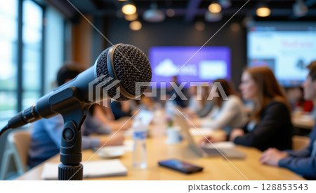 Closeup of dynamic microphone in conference room setting, capturing focus of meeting with engaged participants 128853543