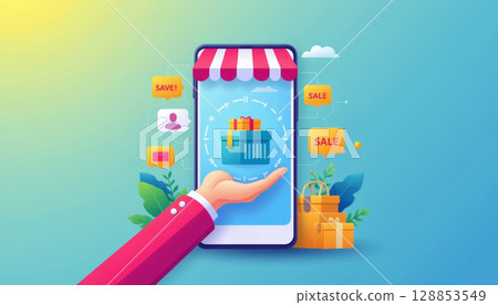 Modern online shopping delivery illustration with smartphone, shopping cart, and promotional elements, conveying excitement Modern online shopping delivery illustration with smartphone, shopping cart, and promotional elements, conveying excitement 128853549