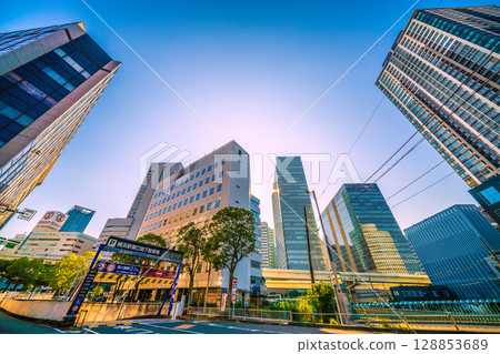 Yokohama cityscape in Japan, south east side of Yokohama Station. View of Takashima Park Tower Yokohama Station Premier and other buildings. 128853689