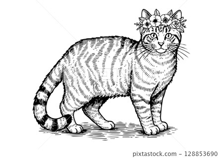 Whimsical vector illustration of a cat wearing a charming flower crown, perfect for cute and pet themes. 128853690