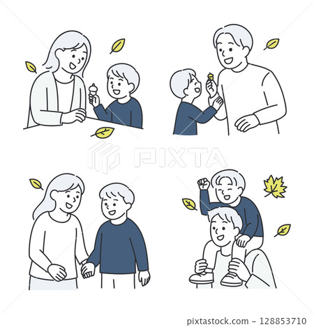 父母和孩子享受秋天自然風光的插圖集 128853710