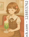 A woman drinking a drink at a cafe / AI illustration 128853762