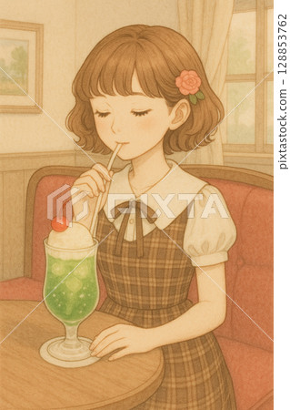A woman drinking a drink at a cafe / AI illustration 128853762