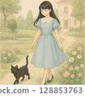 A woman walking with a cat in the garden / AI illustration 128853763