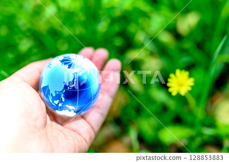 A crystal globe held over a flower blooming in the grass - Ecology image - Blue A crystal globe held over a flower blooming in the grass - Ecology image - Blue 128853883