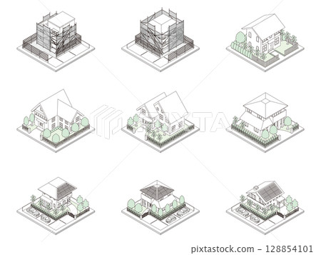 3D illustration of a building. Isometric drawing. Line drawing. 128854101