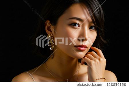 一位女士在黑色背景上擺出佩戴珠寶的姿勢 128854168