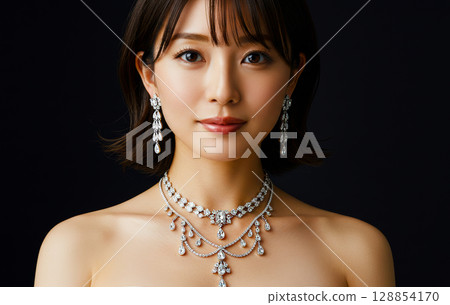 一位女士在黑色背景上擺出佩戴珠寶的姿勢 一位女士在黑色背景上擺出佩戴珠寶的姿勢 128854170