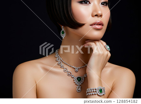 一位女士在黑色背景上擺出佩戴珠寶的姿勢 128854182