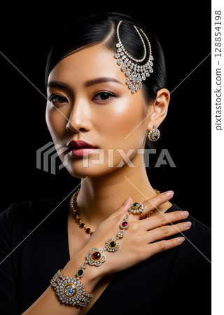 一位女士在黑色背景上擺出佩戴珠寶的姿勢 一位女士在黑色背景上擺出佩戴珠寶的姿勢 128854198