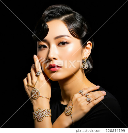 一位女士在黑色背景上擺出佩戴珠寶的姿勢 128854199