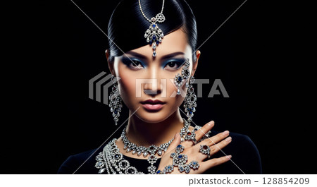 一位女士在黑色背景上擺出佩戴珠寶的姿勢 一位女士在黑色背景上擺出佩戴珠寶的姿勢 128854209