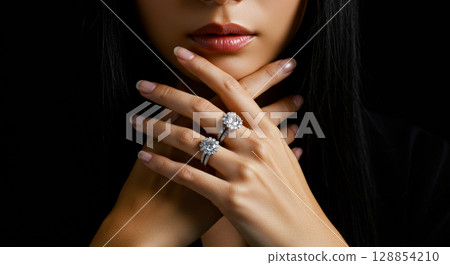 一位女士在黑色背景上擺出佩戴珠寶的姿勢 128854210