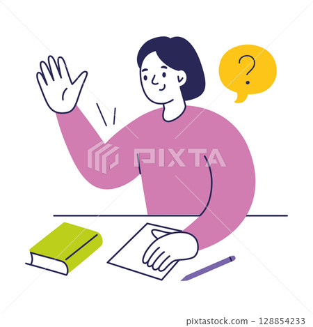 Flat cartoon vector illustration of school girl or female student sitting at desk, raising hand to ask question. Book, pen, paper on table. Concept of education, classroom activity, learning process Flat cartoon vector illustration of school girl or female student sitting at desk, raising hand to ask question. Book, pen, paper on table. Concept of education, classroom activity, learning process 128854233