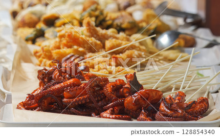 Grilled Octopus Skewers at Seafood Street Market Grilled Octopus Skewers at Seafood Street Market 128854340