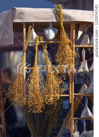 Rustic Stall with Dried Flax and Lavender 128854345