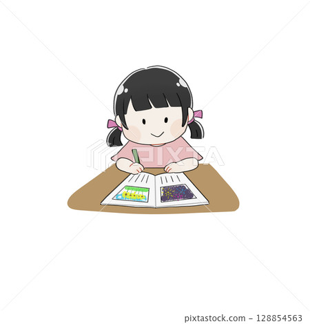Illustration of a girl writing a picture diary 128854563