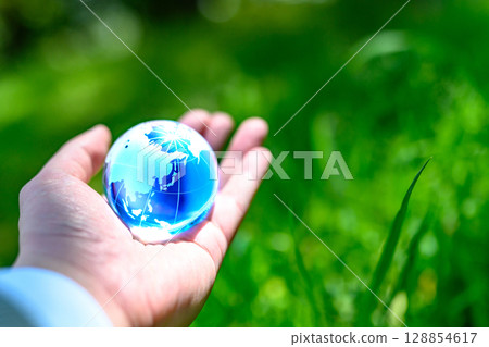 水晶球與美麗的新綠植相映成趣 - 生態圖像 - 深藍色 水晶球與美麗的新綠植相映成趣 - 生態圖像 - 深藍色 128854617
