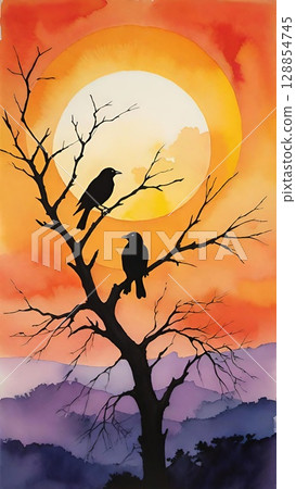 Birds on a bare tree branch, bathed in the warm glow of a stunning orange and purple sunset over water. 128854745