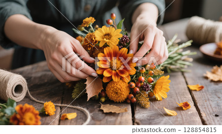 Hands arranging vibrant autumn bouquet with orange flowers and berries on rustic wooden table indoors Hands arranging vibrant autumn bouquet with orange flowers and berries on rustic wooden table indoors 128854815