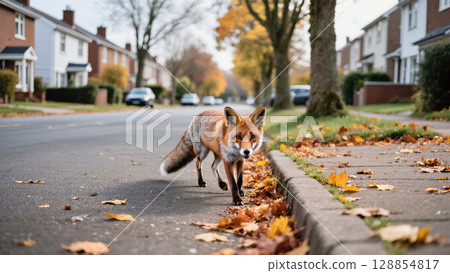 Red fox walking along quiet suburban street covered with autumn leaves during calm fall day 128854817