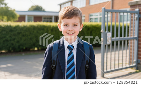 Smiling schoolboy in uniform with backpack standing at school gate on a sunny day before class 128854821