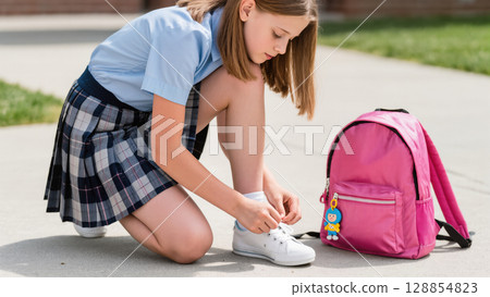 Schoolgirl tying shoelaces on sidewalk next to pink backpack before class on a sunny school day Schoolgirl tying shoelaces on sidewalk next to pink backpack before class on a sunny school day 128854823