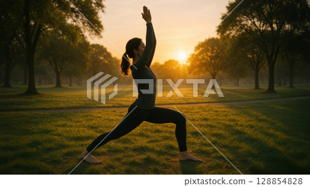 Woman practicing yoga in a peaceful park at sunrise, balancing in warrior pose on green grass 128854828