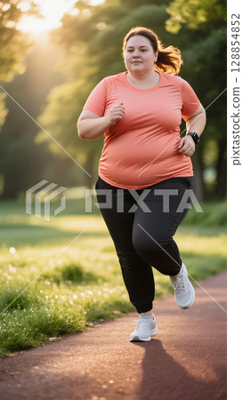 Young overweight woman jogging in park at sunrise, wearing sportswear and smartwatch, maintaining active outdoor lifestyle and fitness 128854852
