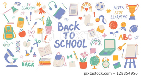 Back to School illustration. Set school supplies. School colorful element, stationery in doodle shabby style. Vector flat illustration. 128854956